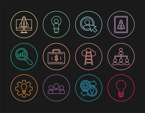 Set line Light bulb with concept of idea, Create account screen, Briefcase and Illustrazione stock