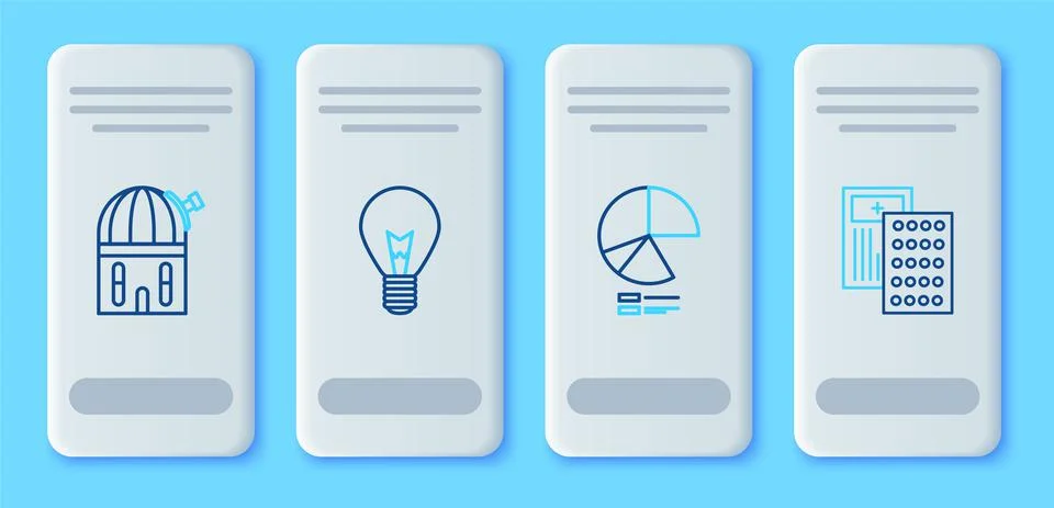 Set line Light bulb with concept of idea, Pie chart infographic, Astronomical Ilustración de archivo