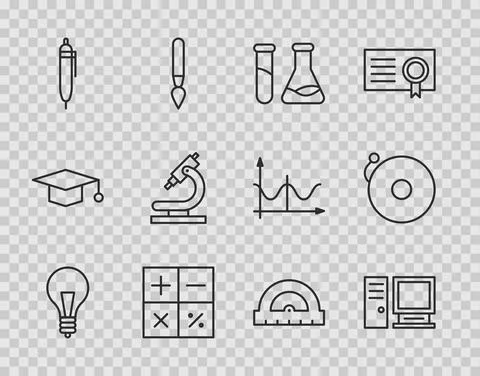 Set line Light bulb with concept of idea, Computer monitor, Test tube and flask Illustrazione stock