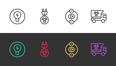 Set line Light bulb with concept of idea, Radiation electrical plug, Atom and Stock Illustration