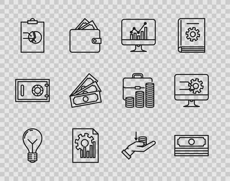 Set line Light bulb with concept of idea, Stacks paper money cash, Computer m Stock-Illustration