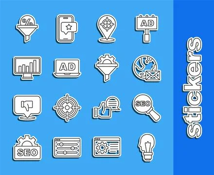 Set line Light bulb with concept of idea, SEO optimization, Earth globe mail Illustrazione stock