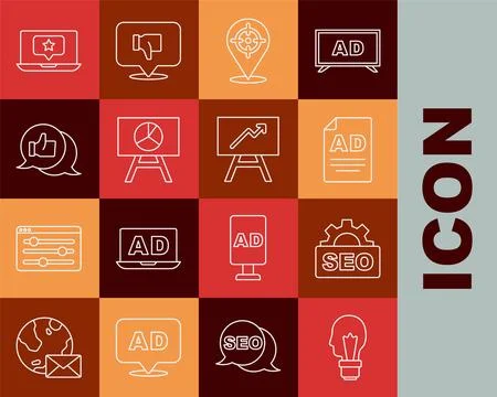 Set line Light bulb with concept of idea, SEO optimization, Advertising, Target Illustrazione stock