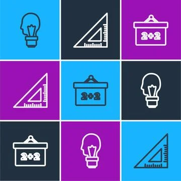 Set line Light bulb with concept of idea, Chalkboard and Triangular ruler icon Stock Illustration