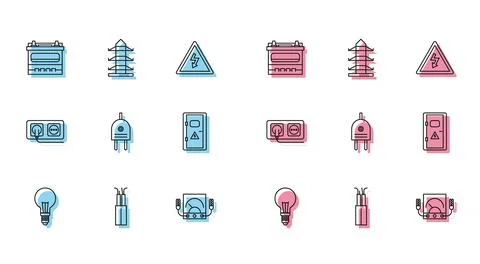 Set line Light bulb with concept of idea, Electric cable, Car battery, Ampere Illustrazione stock