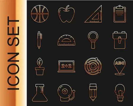 Set line Light bulb with concept of idea, Alphabet, School backpack, Triangular Stock Illustration