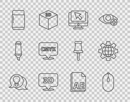 Set line Light bulb with concept of idea Computer mouse monitor and cursor Sp Illustrazione stock