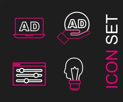Set line Light bulb with concept of idea, Browser setting, Advertising and .. Stock Illustration