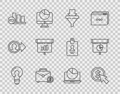 Set line Light bulb with concept of idea, Cursor and coin, Sales funnel arr.. Stock-Illustration