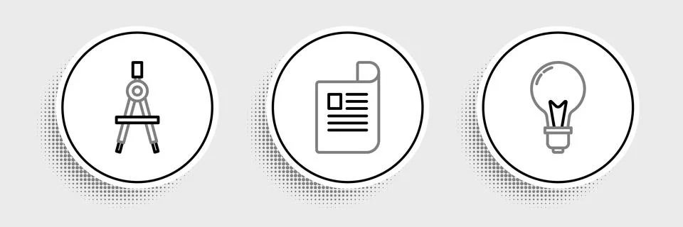 Set line Light bulb with concept of idea, Drawing compass and Document icon.. 스톡 일러스트