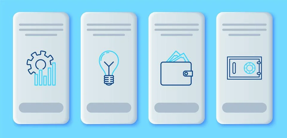 Set line Light bulb with concept of idea, Wallet stacks paper money cash, P.. Illustrazione stock