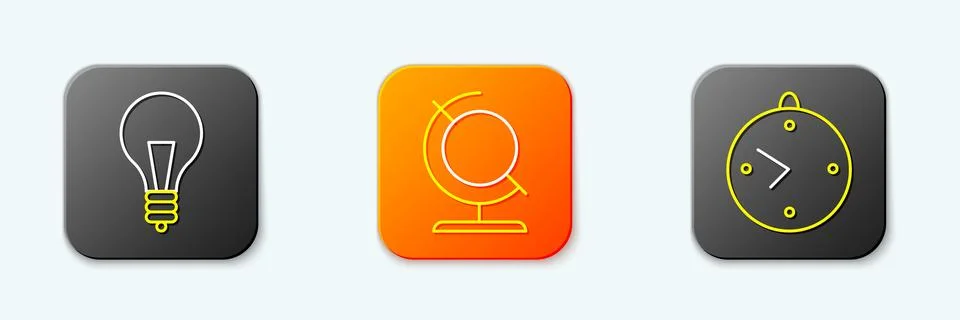 Set line Light bulb with concept of idea, Earth globe and Clock icon. Vector Stock Illustration