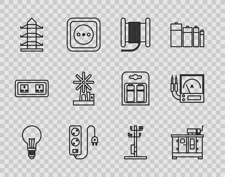 Set line Light bulb with concept of idea, Wire electric cable reel drum, El.. イラスト素材