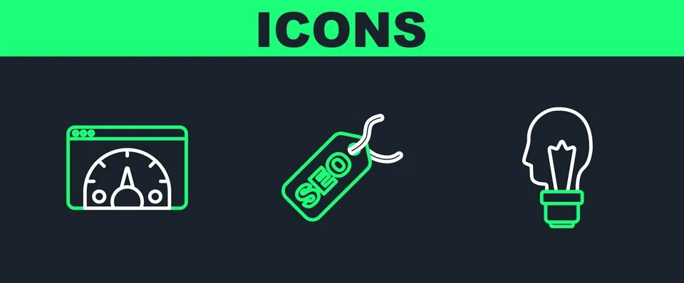 Set line Light bulb with concept of idea, Website statistic and SEO optimiz.. Stock Illustration