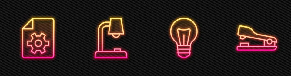 Set line Light bulb, Document settings, Table lamp and Stapler. Glowing neon Stock Illustration