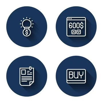 Set line Light bulb with dollar, Monitor, Resume and Buy button with long shadow Illustrazione stock