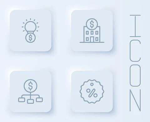 Set line Light bulb with dollar, Bank building, Hierarchy and Discount percent Ilustración de archivo