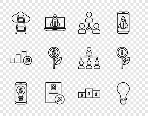 Set line Light bulb with dollar on mobile, concept of idea, Project team base Illustrazione stock