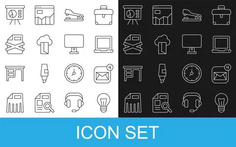 Set line Light bulb, Envelope, Laptop, Stapler, Cloud database, Delete file Illustrazione stock