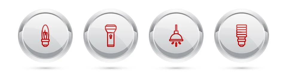 Set line Light bulb, Flashlight, Chandelier and LED. Silver circle button Stock Illustration