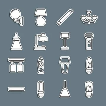 Set line Light bulb, Flashlight, Fluorescent lamp, Table, Lamp hanging, Wall Stock Illustration