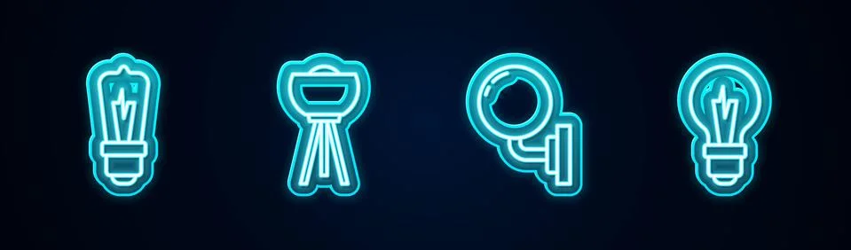 Set line Light bulb, Floor lamp, Wall sconce and . Glowing neon icon. Vector Stock Illustration