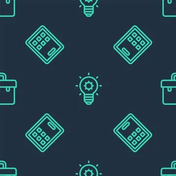 Set line Light bulb, Graphic tablet and Briefcase on seamless pattern. Vector 스톡 일러스트