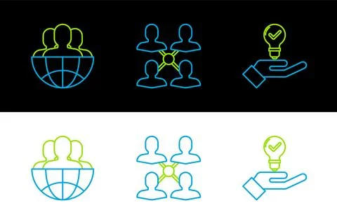 Set line Light bulb in hand, Globe people and Project team base icon. Vector Stock Illustration