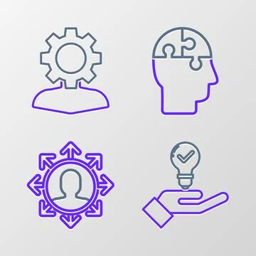 Set line Light bulb in hand, Project team base, Human head puzzles strategy.. Stock Illustration
