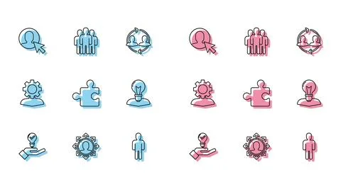 Set line Light bulb in hand, Project team base, User of man business suit, .. Ilustração Stock