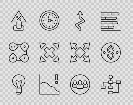 Set line Light bulb, Hierarchy organogram chart, Arrow, Financial growth Stock Illustration