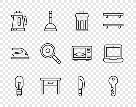 Set line Light bulb, House key, Trash can, Furniture nightstand, Electric k.. Stock Illustration