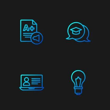 Set line Light bulb with idea, Online class, Exam sheet A plus grade and Gr.. Stock Illustration