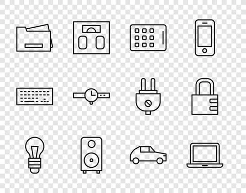 Set line Light bulb, Laptop, Graphic tablet, Stereo speaker, Printer, Wrist Stock Illustration