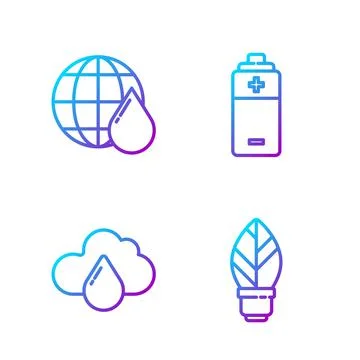Set line Light bulb with leaf, Cloud with rain, Earth planet in water drop and Stock Illustration