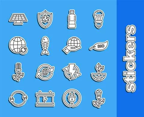 Set line Light bulb with leaf, Earth globe and, Leaf Bio symbol, Bottle of water Stock Illustration