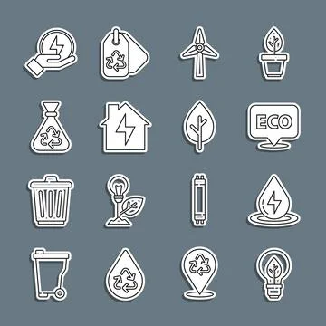 Set line Light bulb with leaf, Water energy, Label for eco healthy food, Wind Stock Illustration