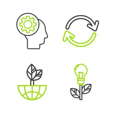 Set line Light bulb with leaf, Earth globe and, Refresh and Human head gear i Stock Illustration