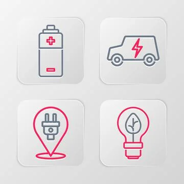 Set line Light bulb with leaf, Electric plug, car and Battery icon. Vector イラスト素材