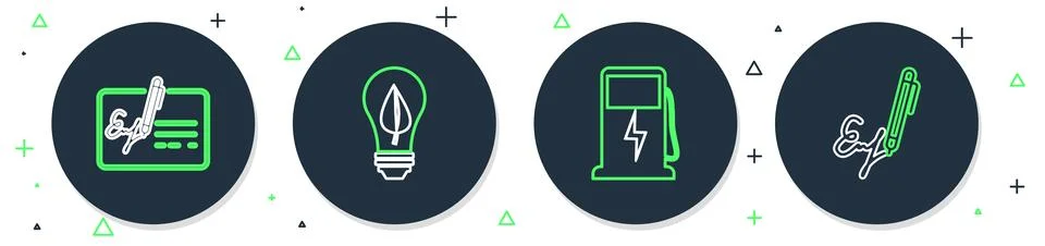 Set line Light bulb with leaf, Electric car charging station, Signed document Stock Illustration