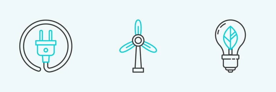 Set line Light bulb with leaf, Electric plug and Wind turbine icon. Vector Illustrazione stock