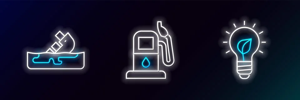 Set line Light bulb with leaf, Wrecked oil tanker ship and Petrol or gas station Stock Illustration