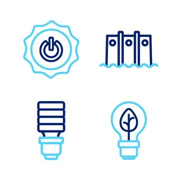 Set line Light bulb with leaf LED light Hydroelectric dam and Power button ic Stock Illustration