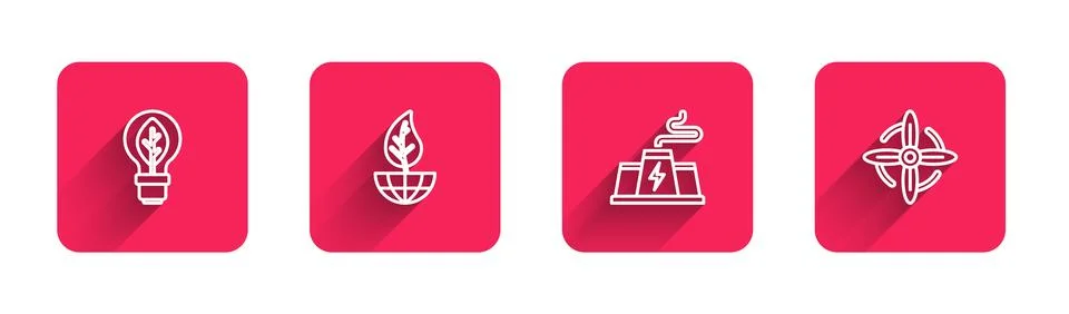 Set line Light bulb with leaf, Earth globe and, Power station plant factory and Ilustración de archivo