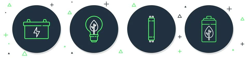 Set line Light bulb with leaf, Fluorescent lamp, Car battery and Eco nature.. Illustrazione stock
