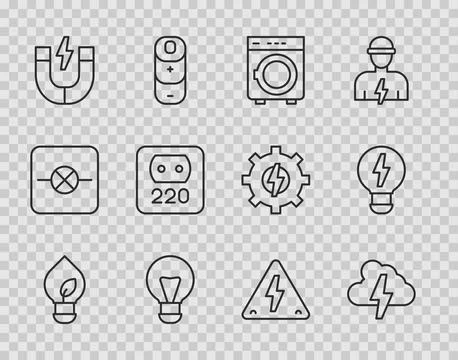 Set line Light bulb with leaf, Cloud and lightning, Washer, Creative lamp i.. Stock Illustration