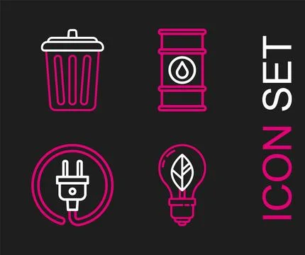 Set line Light bulb with leaf, Electric plug, Oil barrel line and Trash can.. Ilustración de archivo