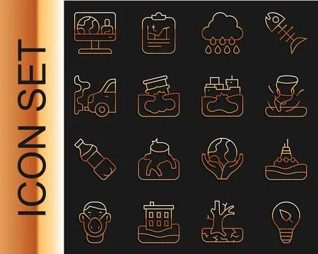 Set line Light bulb with leaf, Floating buoy on the sea, Tornado, Cloud rai.. Stock Illustration