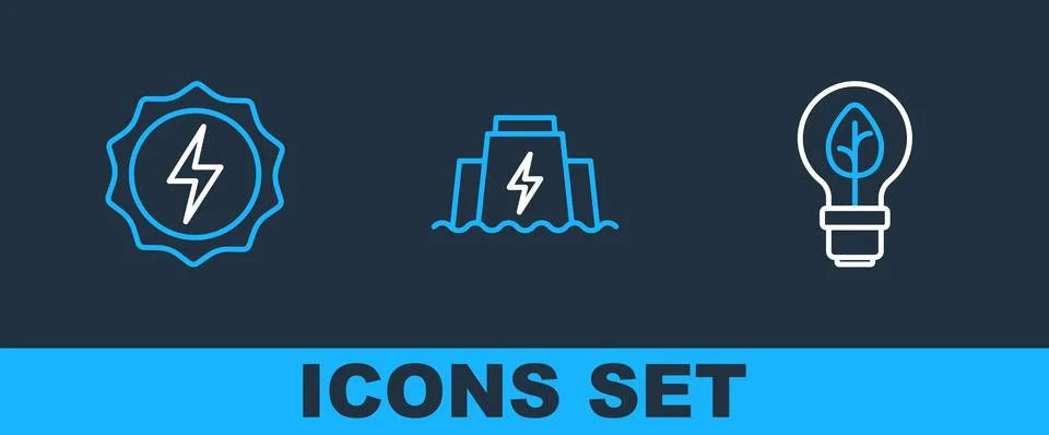 Set line Light bulb with leaf, Lightning bolt and Hydroelectric dam icon. V.. Ilustración de archivo