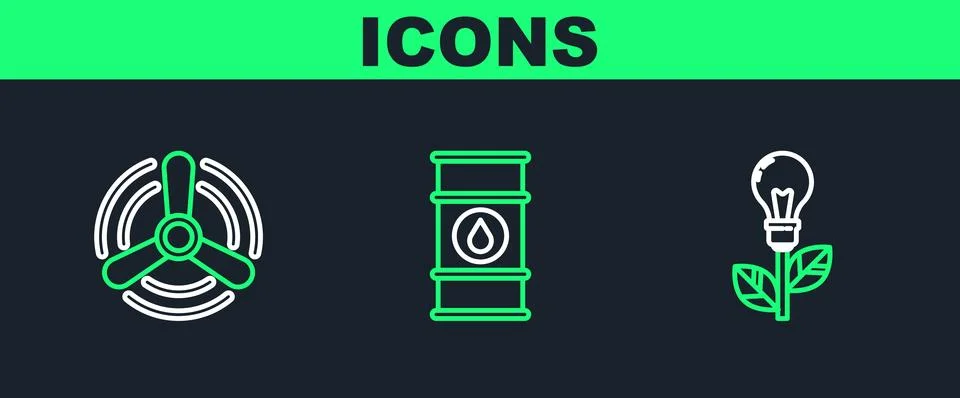 Set line Light bulb with leaf, Wind turbine and Oil barrel line icon. Vector Stock Illustration